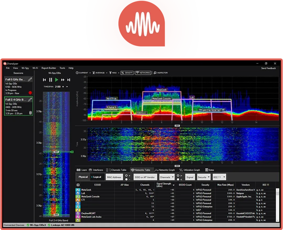 Chanalyzer Wi-Fi Analyzer with a report builder